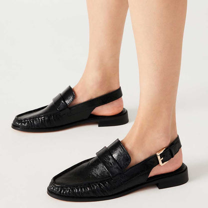 Black Vegan Leather Round Toe Flat Buckled Slingback Formal Loafers