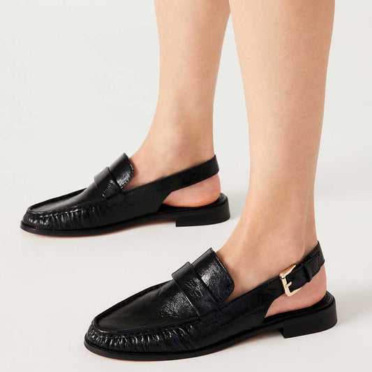 Black Vegan Leather Round Toe Flat Buckled Slingback Formal Loafers