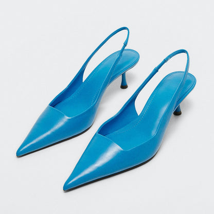 Women's Vegan Leather Pointed Toe Kitten Heel Blue Slingback Pumps