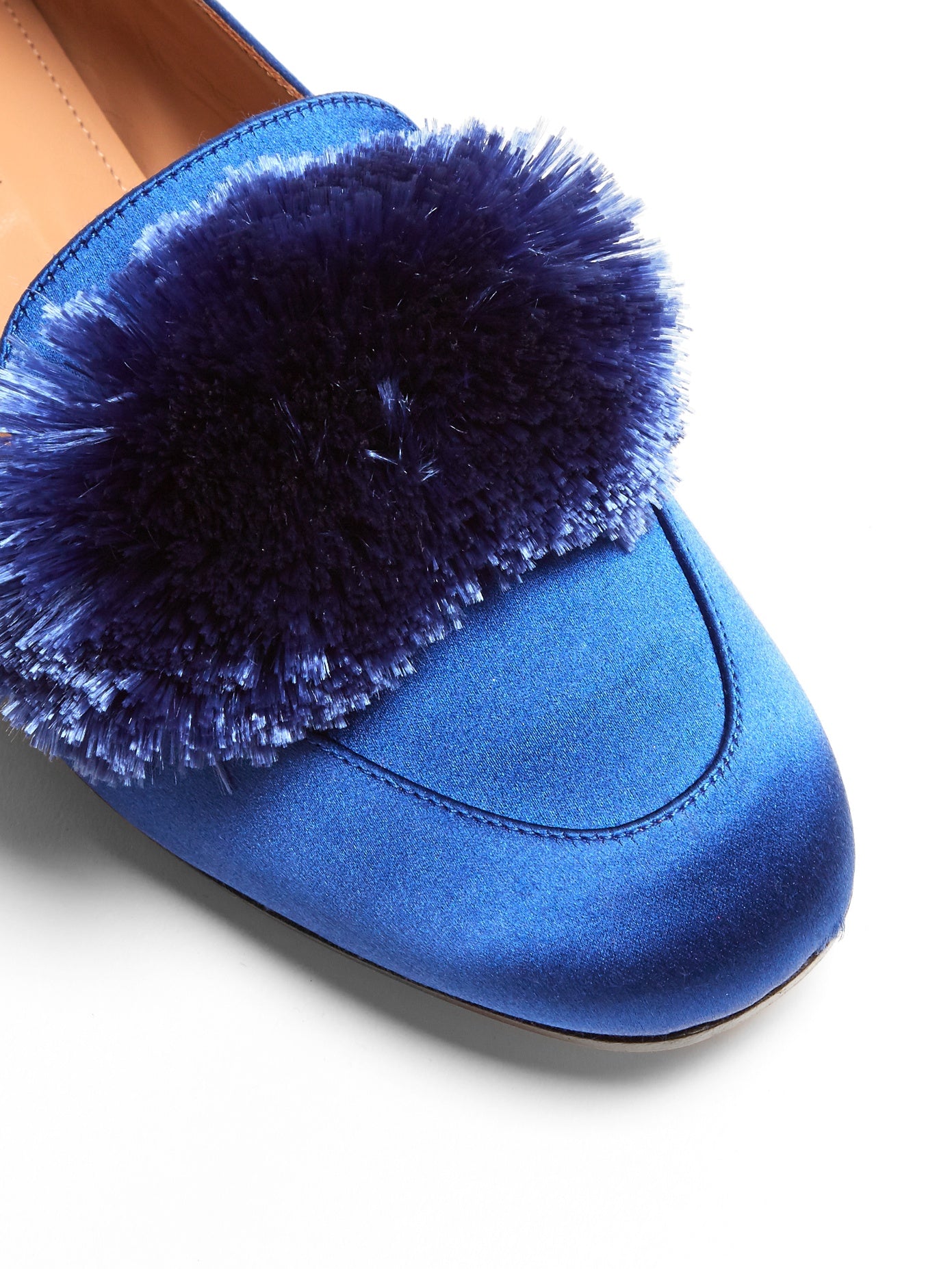 Royal Blue Satin Square Toe Pom Pom Flats Women's Loafers