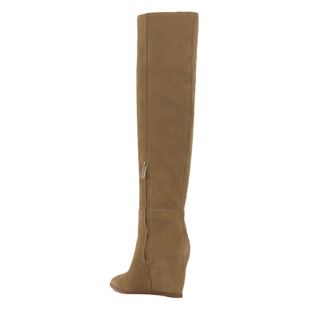 Women's Khaki Pointy Toe Wide Calf Knee High Boots with Wedge Heel