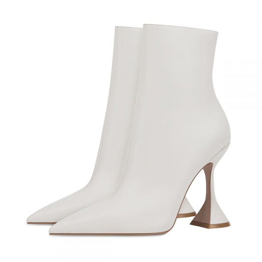 White Pointed Toe Flared Heel Fashion Ankle Boots for Women
