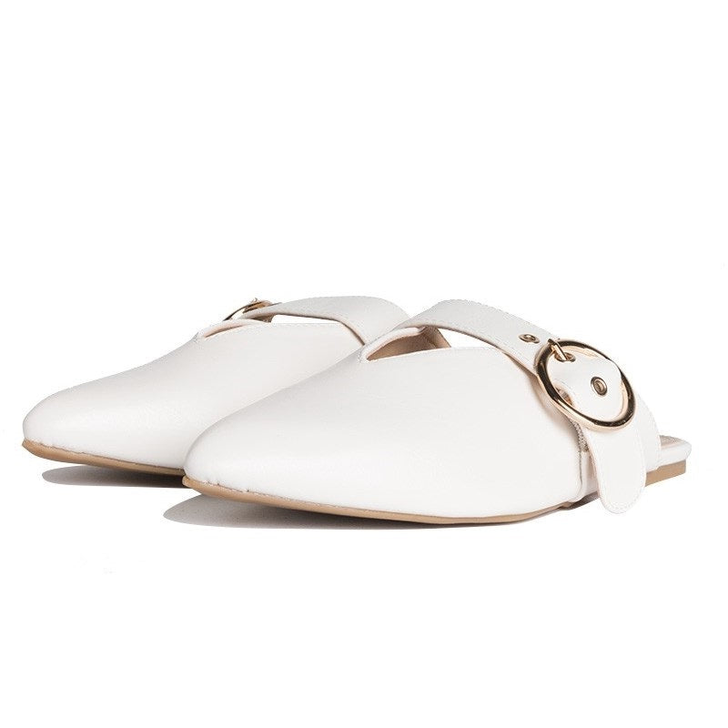 White Pointed Toe Comfortable Flat Mules with Buckle