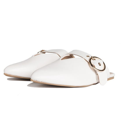 White Pointed Toe Comfortable Flat Mules with Buckle