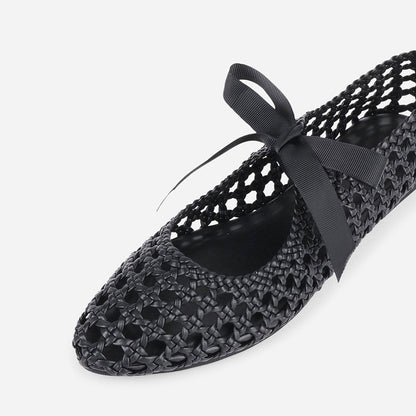 Black Woven Cut-Out Closed-Toe Lace-Up Casual Ballet Flats