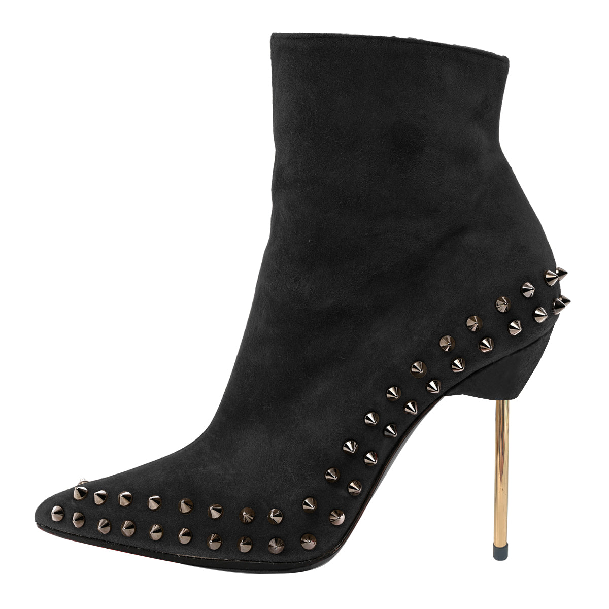 Black Vegan Suede Pointy Toe Women's Heeled Ankle Boots with Rivets