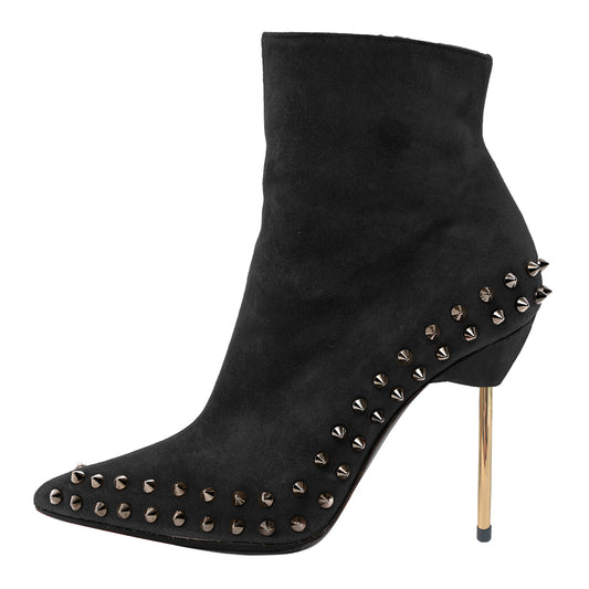 Black Vegan Suede Pointy Toe Women's Heeled Ankle Boots with Rivets