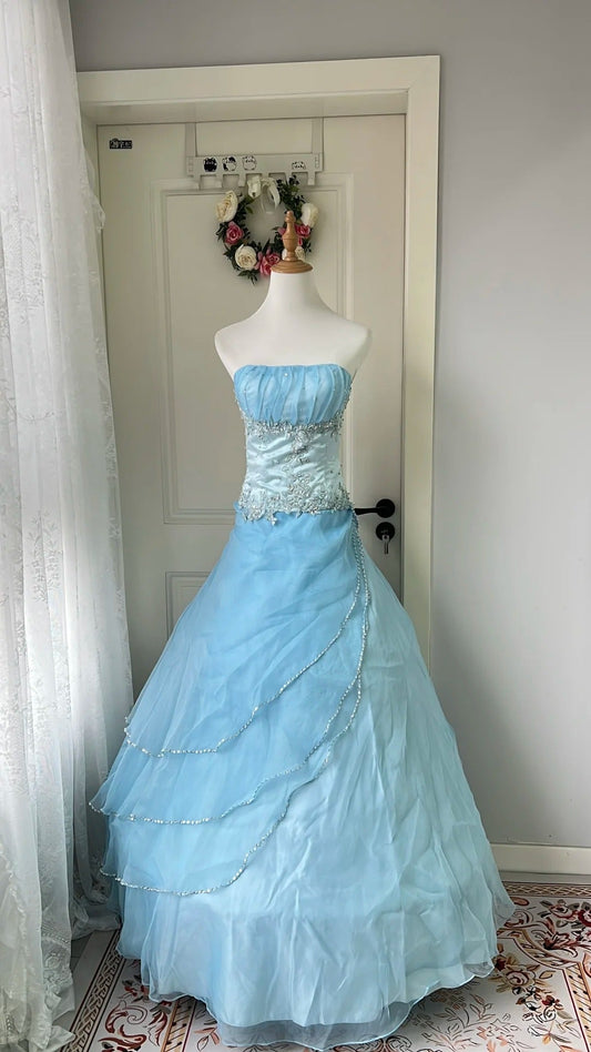 Dreamy Princess Blue Strapless Embroidered Tulle Ball Gown Evening Dress Sweet 16th Birthday Dress P4210