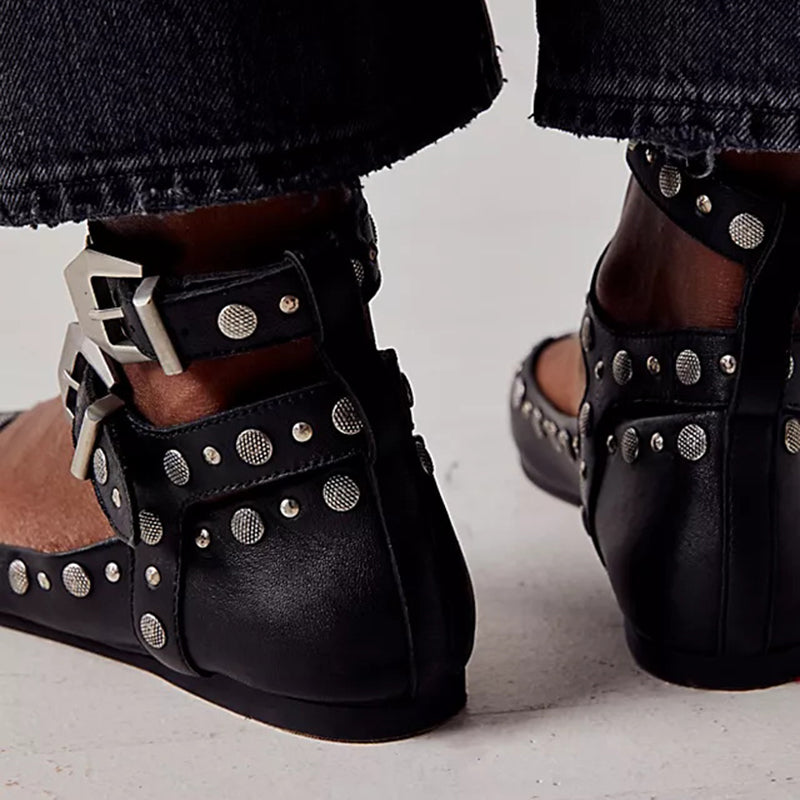 Women's Square Toe Studs Shoes Bucked Ankle Strap Flats in Black