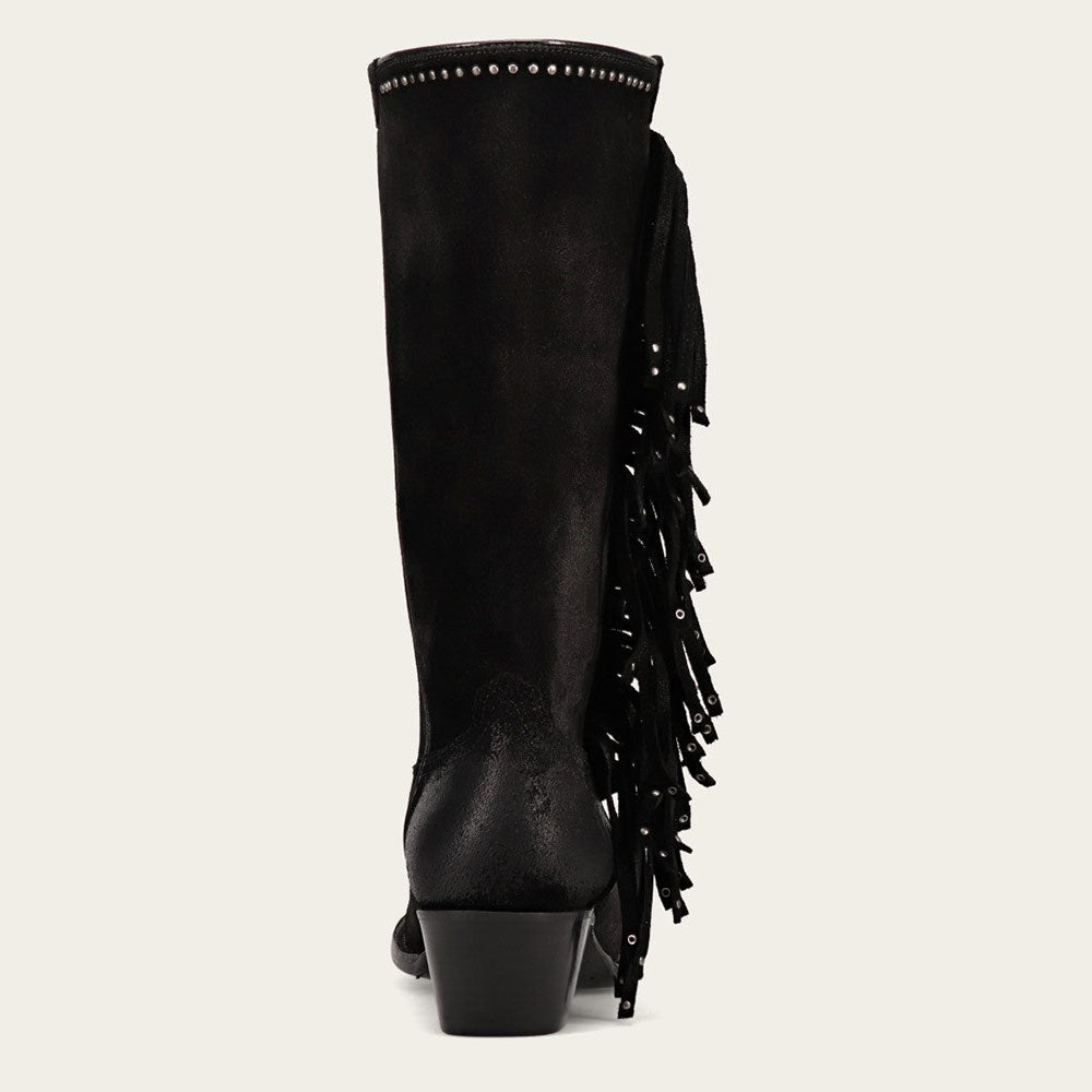 Black Fringe Pointed Toe Chunky Heel Mid Calf Boots with Studs