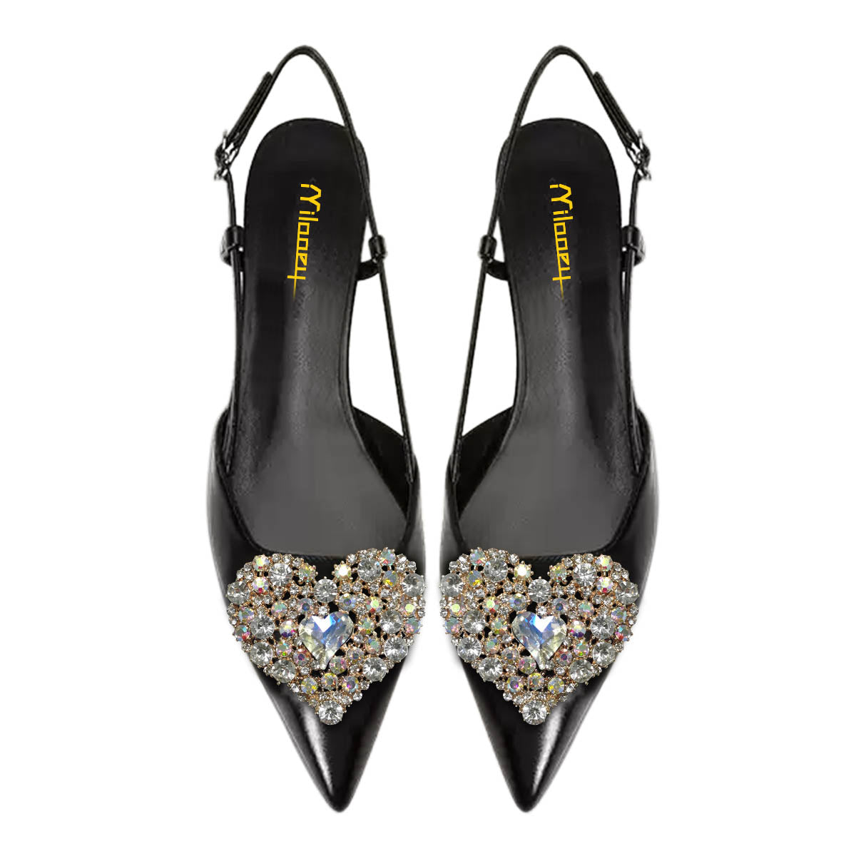 Women's Rhinestone Heart-Shaped Pointed Toe Black Slingback Flats