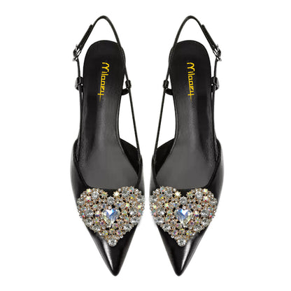 Women's Rhinestone Heart-Shaped Pointed Toe Black Slingback Flats