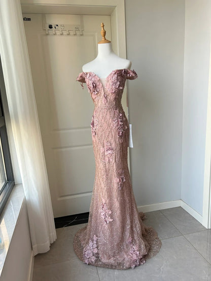Elegant Pink Mermaid Off-shoulder 3D Floral Sequined Prom Dress Evening Dress P4212