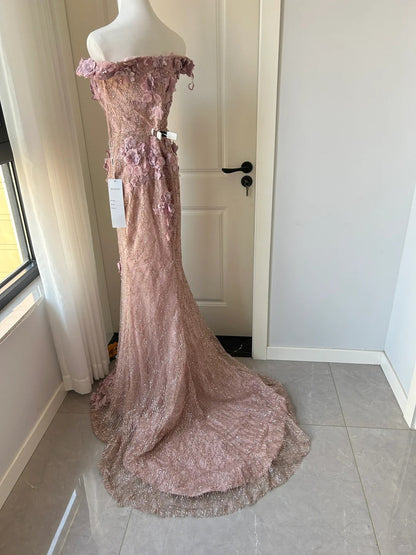 Elegant Pink Mermaid Off-shoulder 3D Floral Sequined Prom Dress Evening Dress P4212