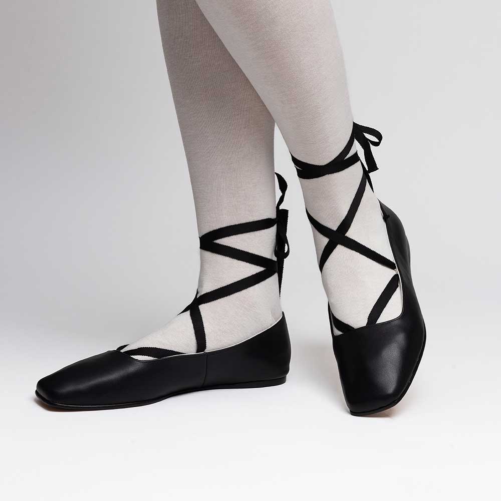 Vegan Leather Square Toe Lace-Up Lady's Ballet Flats in Black