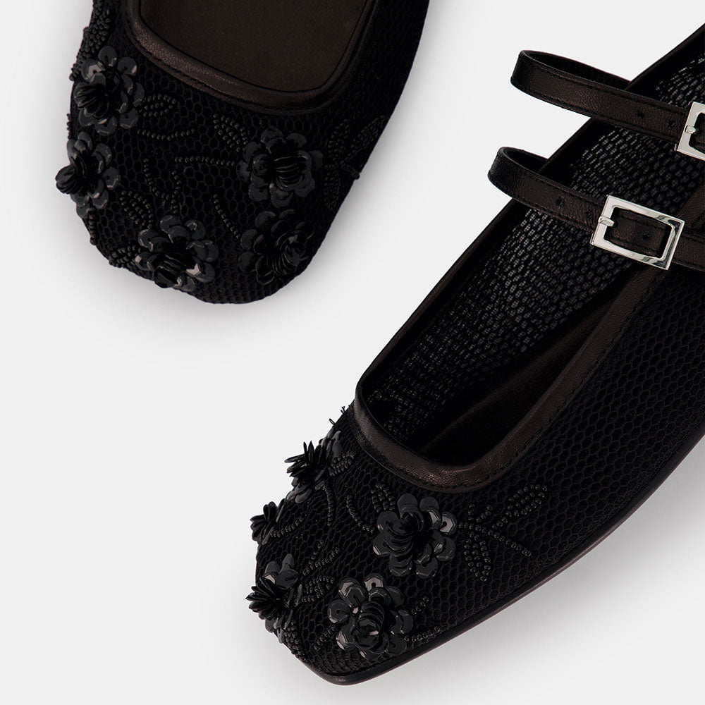 Mesh Floral Beads & Sequins Square Toe Mary Jane Flats in Black