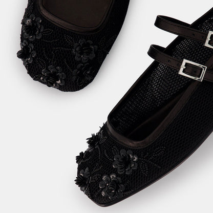 Mesh Floral Beads & Sequins Square Toe Mary Jane Flats in Black