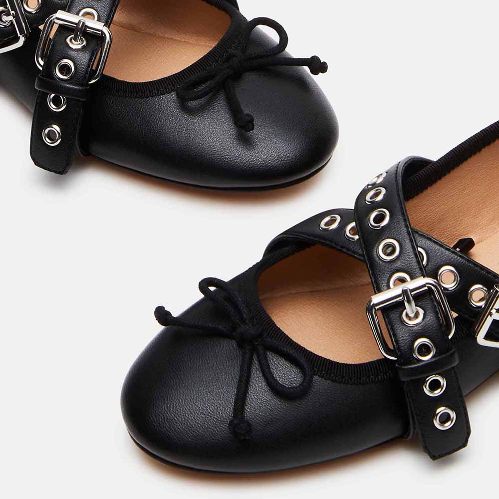 Black Round Toe Grommet Buckle Strap Lace Up Flats with Bowknot