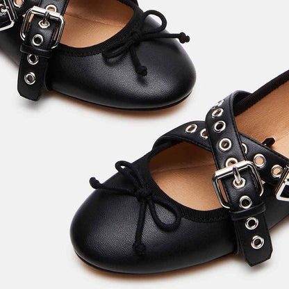 Black Round Toe Grommet Buckle Strap Lace Up Flats with Bowknot