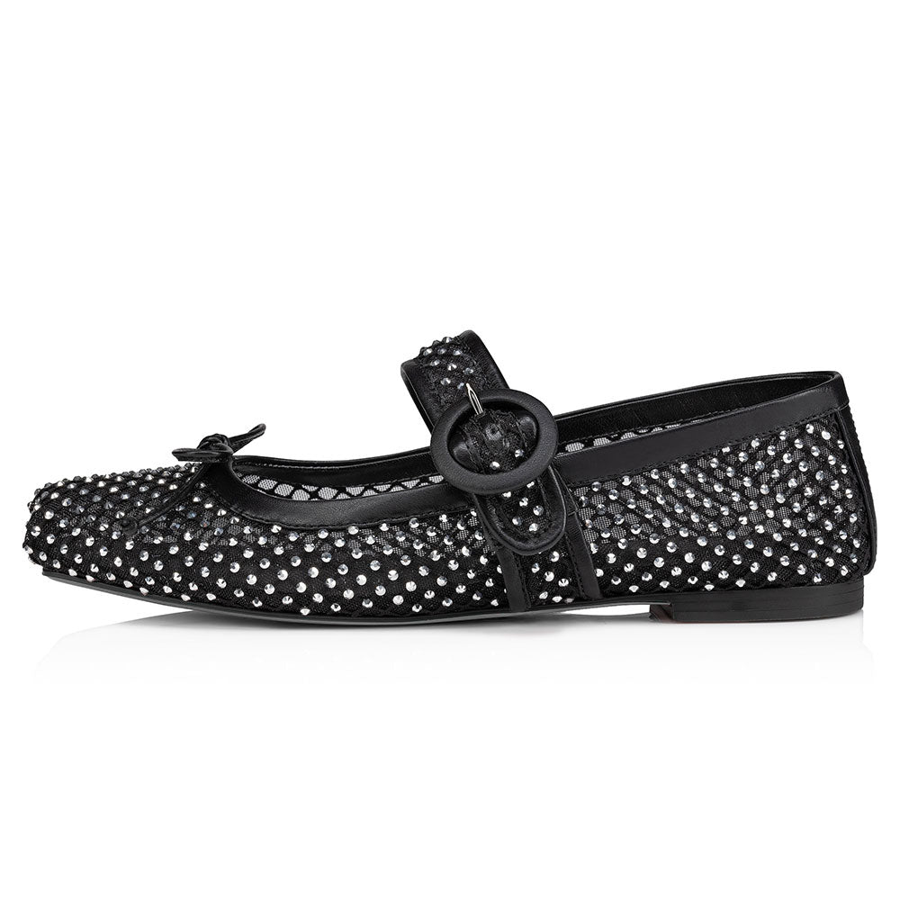 Black Mesh Square Toe Rhinestone Embellished Buckled Ballet Flats