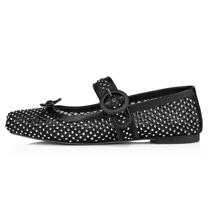 Black Mesh Square Toe Rhinestone Embellished Buckled Ballet Flats