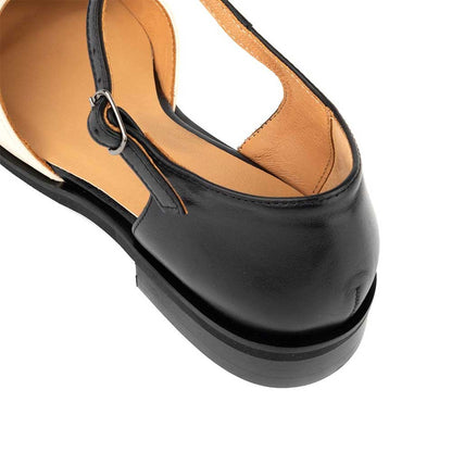 Black and Ivory Round Toe Perforated Ankle Strap Mary Jane Flats