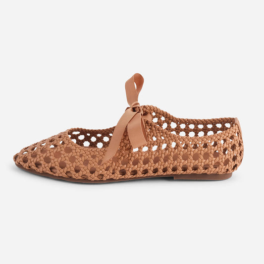 Tan Vegan Leather Cut-Out Closed-Toe Woven Flat Shoes Women