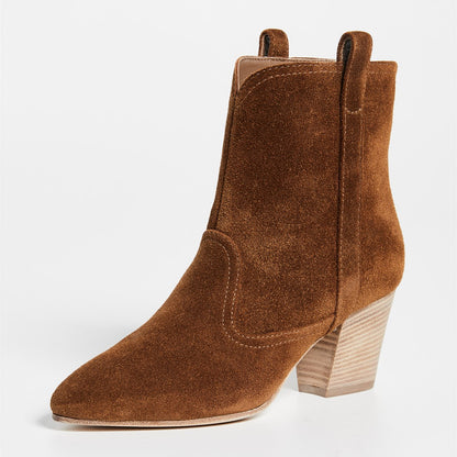 Brown Round Toe Block Heel Western Booties Vintage Ankle Boots