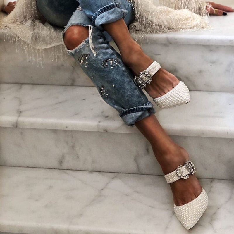 White Pearl Pointed Toe Mule Heels with Rhinestone Buckle