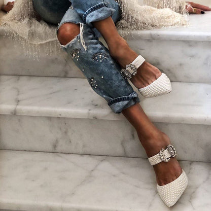 White Pearl Pointed Toe Mule Heels with Rhinestone Buckle