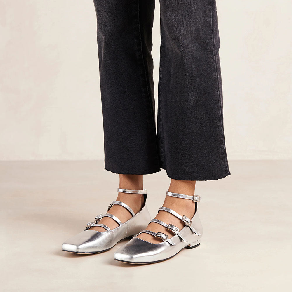 Shiny Silver Square Toe Strappy Flats Buckled Mary Jane Shoes