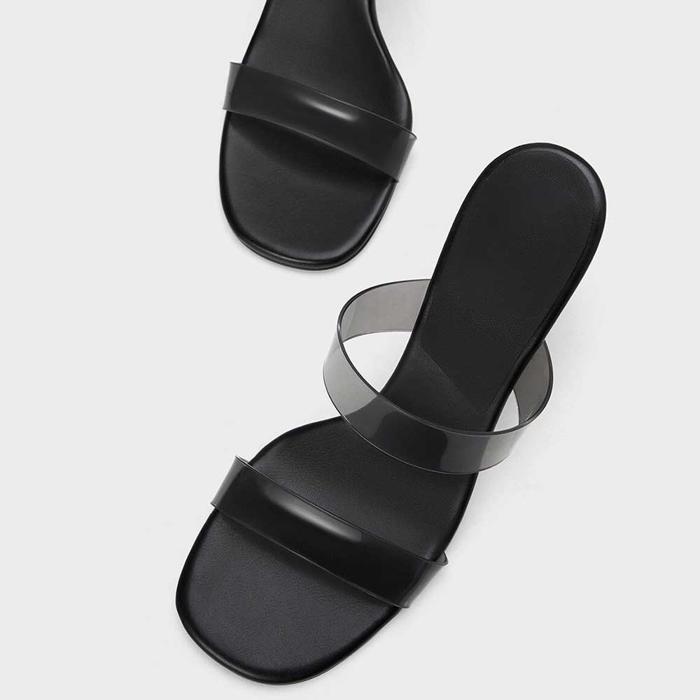 Black & Clear PVC Square Toe 4'' Chunky Heel Double Strap Mules