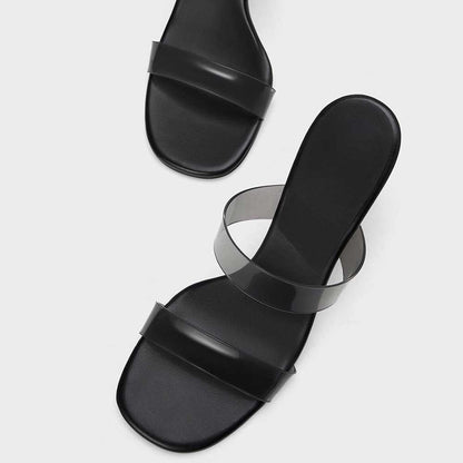 Black & Clear PVC Square Toe 4'' Chunky Heel Double Strap Mules