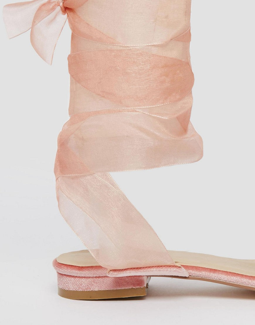 Pink Velvet Round Toe Comfortable Flats Organza Strappy Shoes