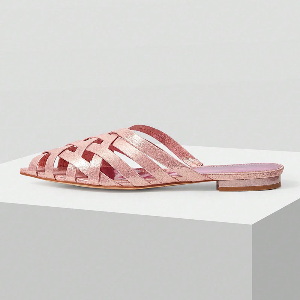 FSJ Chic Pink Woven Pointed Toe Flat Mule Shoes for Women