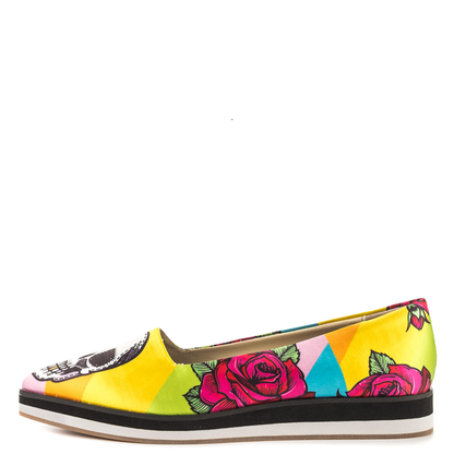 Multicolor Skull & Flower Print Pointed Toe Casual Flats for Women