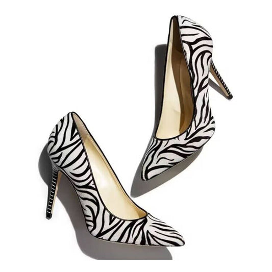 Zebra Horsehair Black and White Pointy Toe Stiletto Heel Pumps Shoes