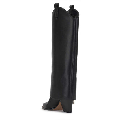 Black Pointed Toe Chunky Heel Zip Western Knee High Boots for Women