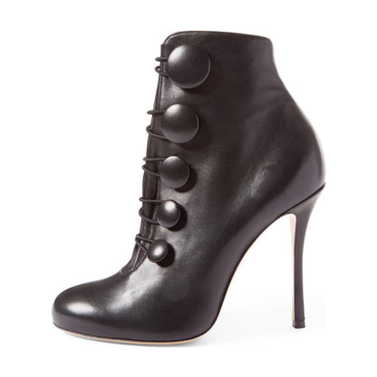 Black Stiletto Heels Round Toe Buttoned Ankle Boots for Women