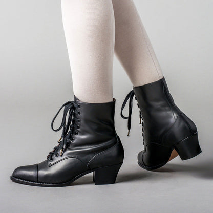 Black Lace-Up Chunky Heel Ankle Boots for Women with Almond Toe