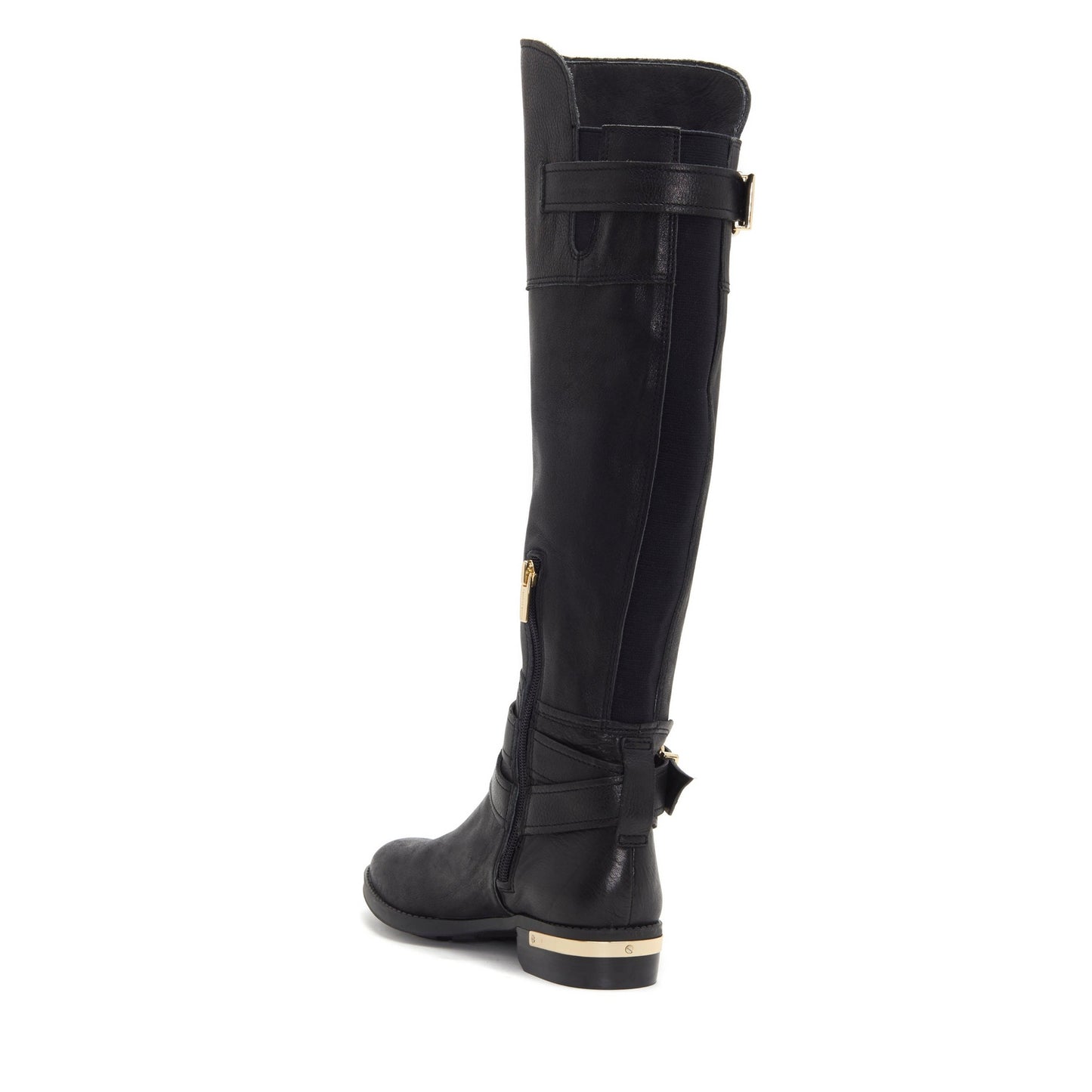 Women's Round Toe Buckle Strap Flat Knee High Boots in Black