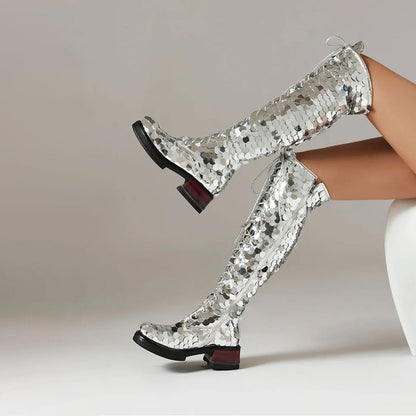 Silver Sequin Round Toe Lace-Up Chunky Heel Zipper Knee High Boots
