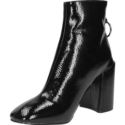 Black Patent Leather Square Toe Chunky Heel Boots Zipper Ankle Boots