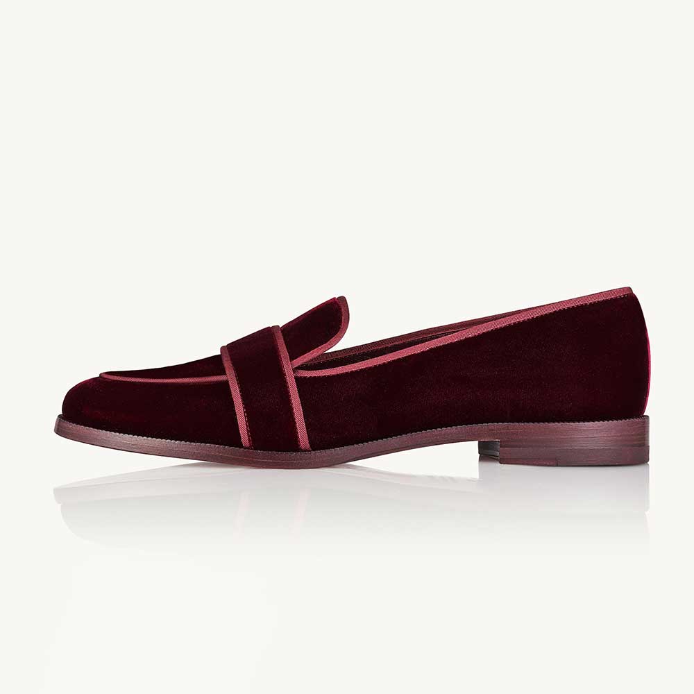 Maroon Velvet Round Toe Chunky Heel Slip-On Loafers