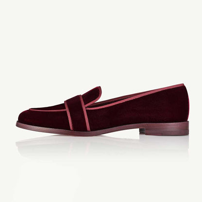 Maroon Velvet Round Toe Chunky Heel Slip-On Loafers