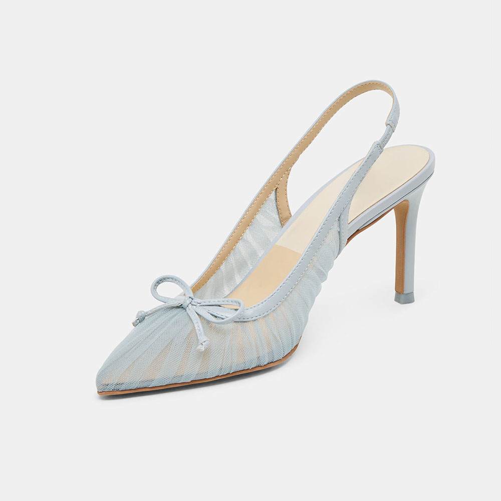 Light Blue Mesh Pleated Pointed Toe Bow Decor Slingback Heels