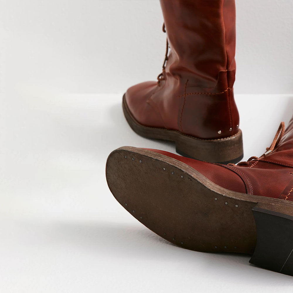 Lace-Up Vegan Leather Square Toe Flat Knee High Boots in Brown