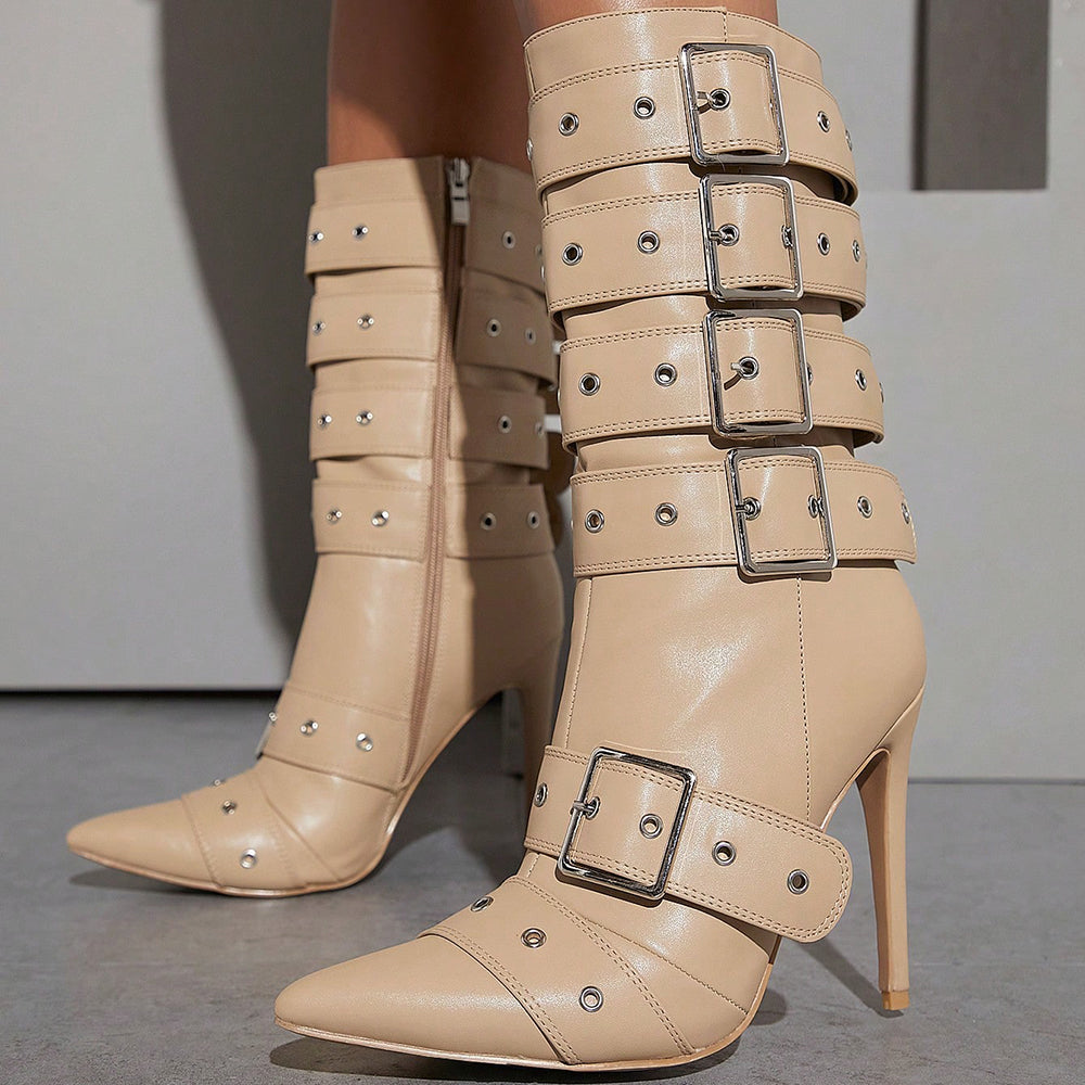 Beige Closed Toe Stiletto Heel Buckled Strappy Mid Calf Boots