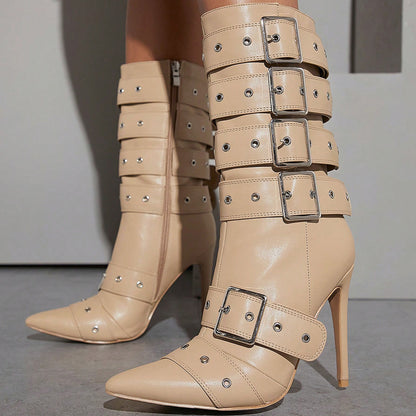Beige Closed Toe Stiletto Heel Buckled Strappy Mid Calf Boots