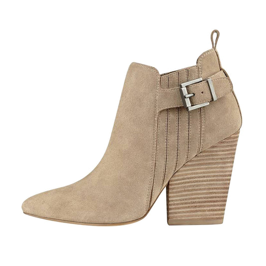 Taupe Closed Toe Stacked Heel Buckled Chelsea Boots for Women